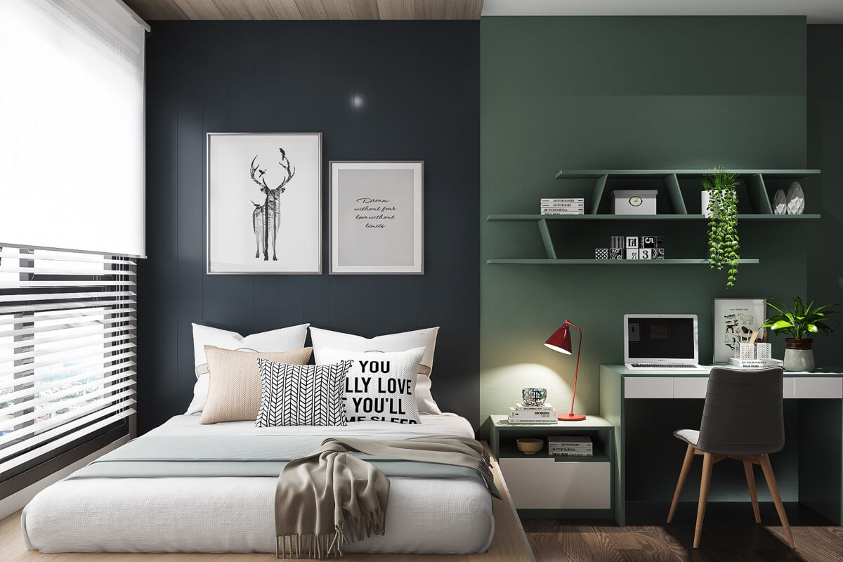 Sự kết hợp giữa hai gam màu xanh rêu và đen làm nổi bật không gian căn phòng