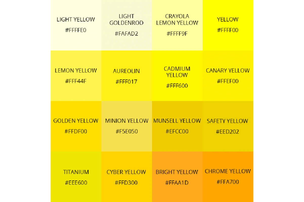 Những sắc màu phổ biến thường nhìn thấy của màu vàng