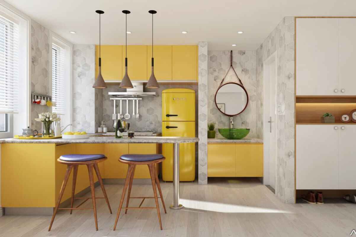 Tone màu vàng được chọn làm màu chủ đạo trong thiết kế nội thất phòng bếp