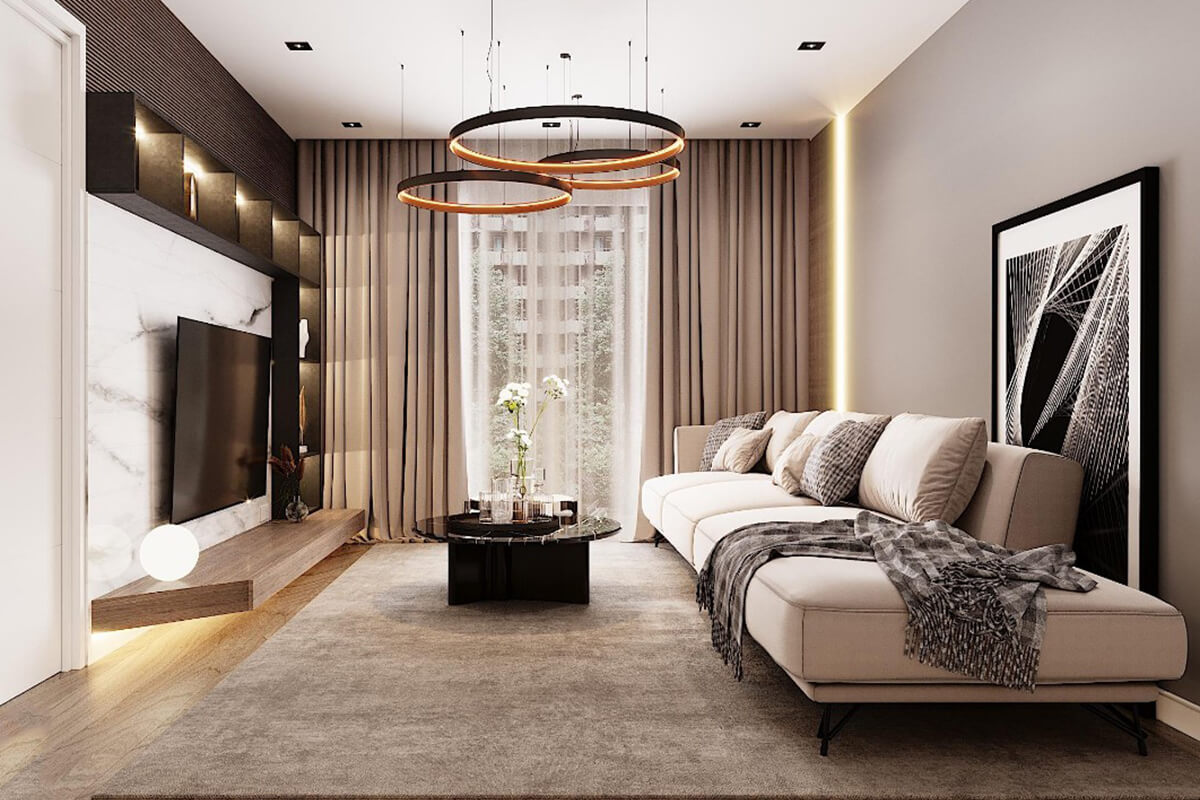 Phòng khách mang phong cách hiện đại với những đồ nội thất gọn gàng đa năng