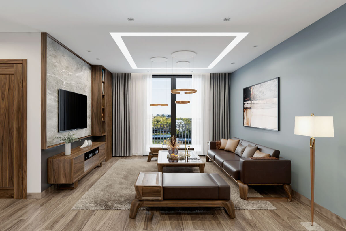 Phòng khách mang phong cách hiện đại với những đồ nội thất gọn gàng đa năng